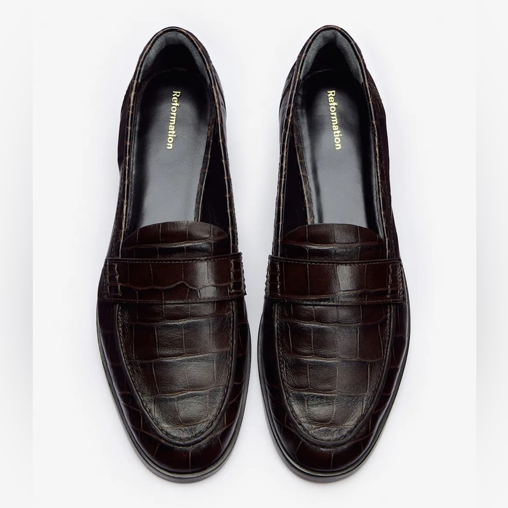 REFORMATION Kaylee Loafers • Size 6 Choc Brown Croc • NWT Pristine